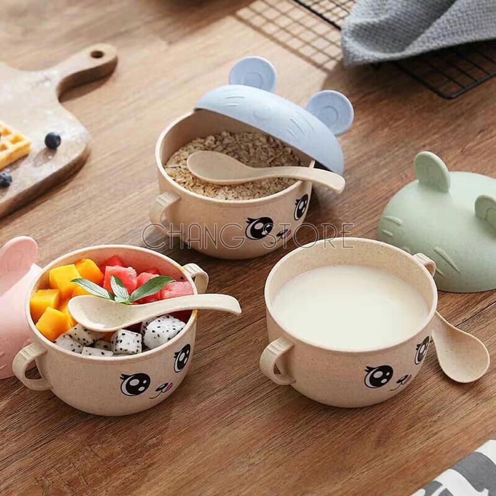 Bát Ăn Dặm Lúa Mạch Chống Nóng Có Nắp Hình Tai Thỏ Tặng Thìa Cho Bé