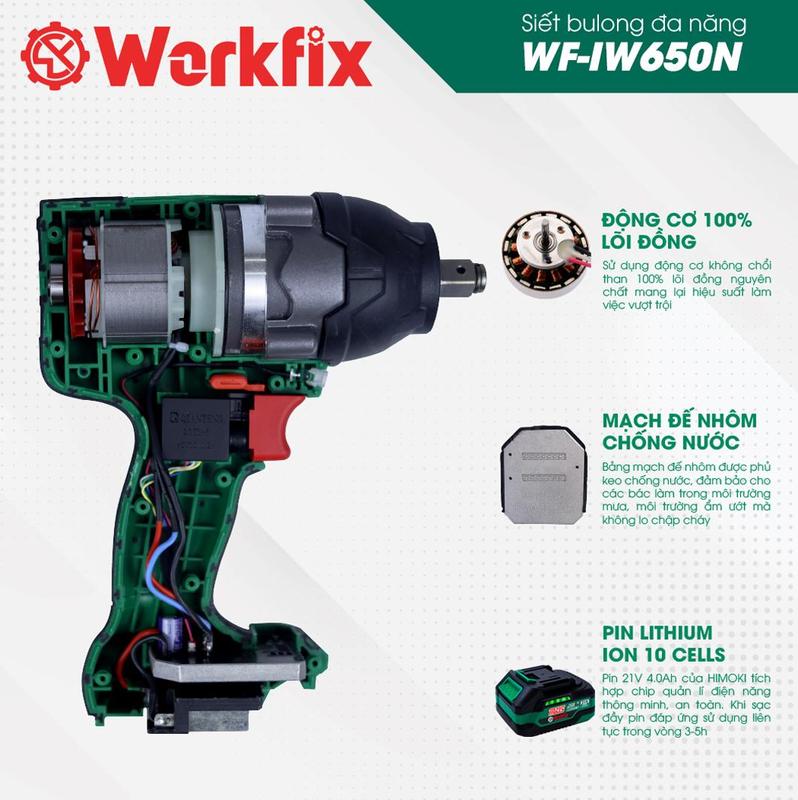 Máy Siết Bulong Workfix 650N.m 2 Pin 21V/4Ah PLUS - IW650NBL - Lực Siết 650N mở ốc lớn  - 4 Cấp Tốc Độ - Motor Brushless - Chân Pin Phổ Thông PLUS - Bảo Hành Chính Hãg 6 Tháng