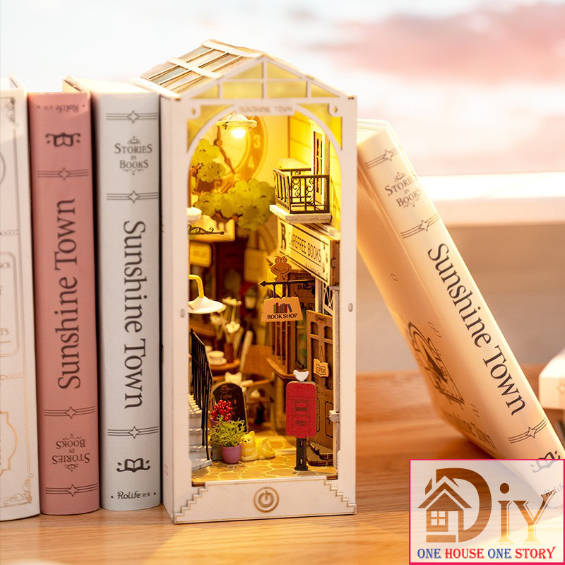 [Công tắc cảm ứng]Mô hình Book nook tự lắp ráp bằng gỗ 3D Rolife Sunshine Town TGB02 - Quà tặng sinh nhật giáng sinh