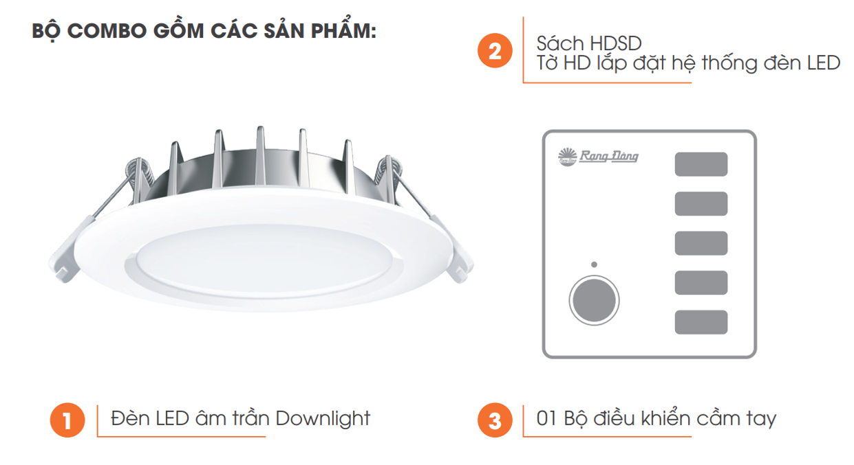 Combo 4 đèn downlight âm trần chiếu sáng thông minh điều khiển từ xa, chính hãng Rạng Đông, Model AT16L, điều chỉnh độ sáng, đổi màu ánh sáng 2700K - 6500K, cài đặt sẵn 4 kịch bản chiếu sáng