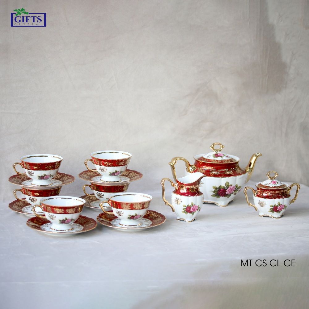 Bộ ấm trà sứ đỏ mạ vàng Tiệp khắc