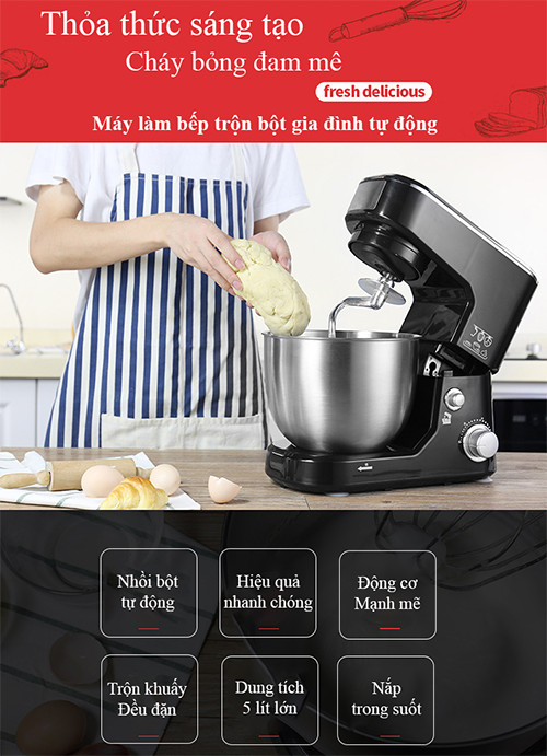 Máy nhồi, trộn, bột đánh trứng nhà bếp làm bánh tự động 5 lít, 3 đầu tiêu chuẩn tặng kèm vá múc bột, có nắp đậy tô an toàn sạch sẽ, Hàng Chính Hãng