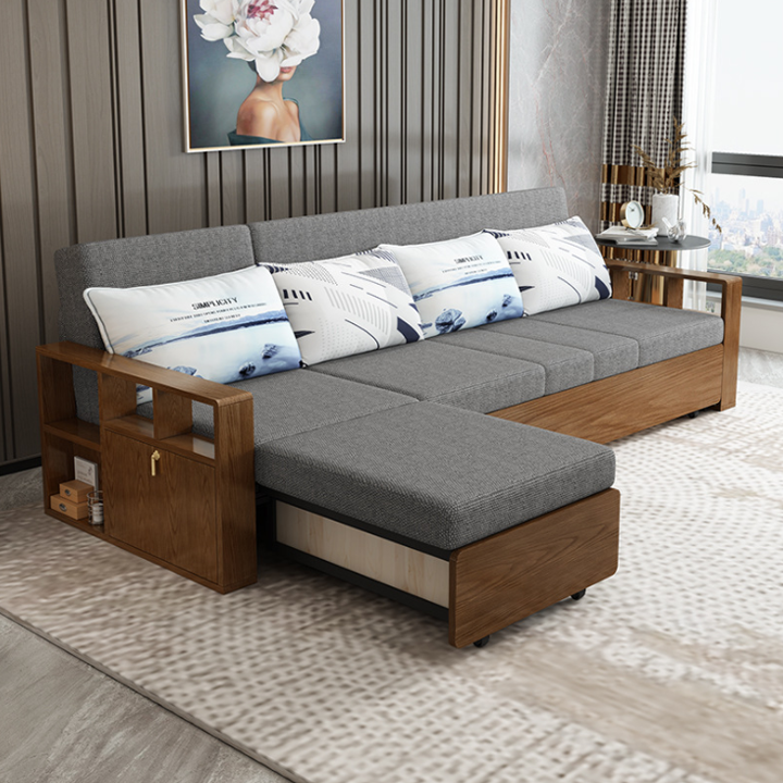 Giường Sofa Thông Minh, Ghế sofa đa năng - Sofa giường thông minh gấp gọn Tay Gỗ Sang Trọng , Khung Thép Thiết Kế Hiện Đại KT 1,46m hoặc- 1,76m x Dài 1,95m