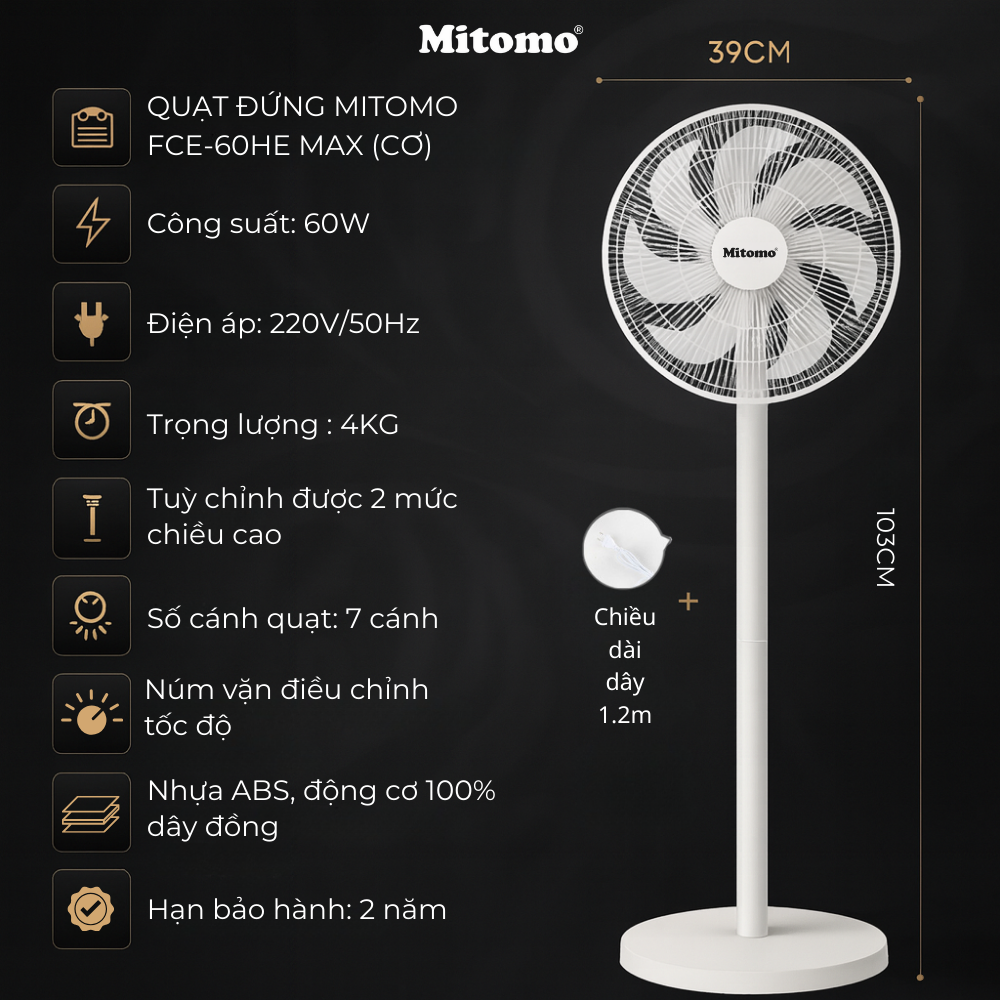 Quạt đứng cao cấp Mitomo FCE-60AE MAX – Điều khiển phím cơ, 3 tốc độ gió hàng chính hãng