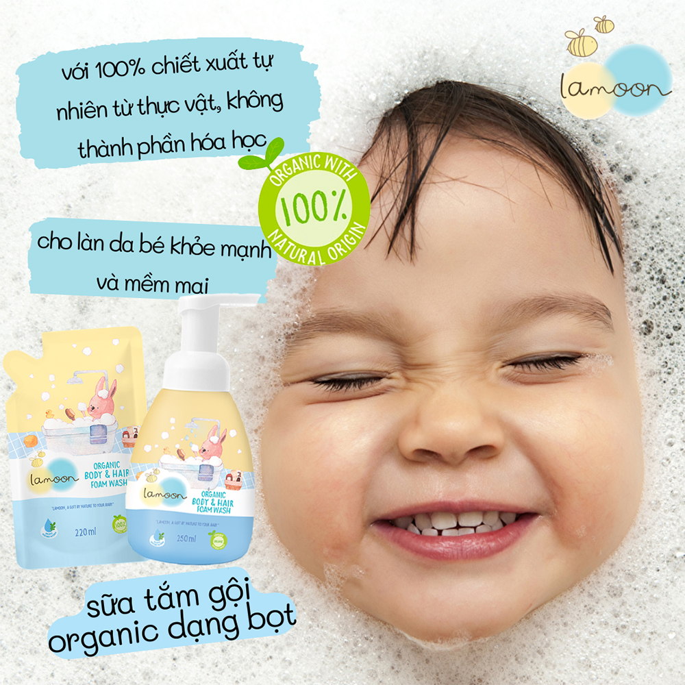 COMBO Sữa tắm gội Organic cho bé từ sơ sinh dạng bọt Lamoon dạng Bình 250ml + Túi refll 220ml