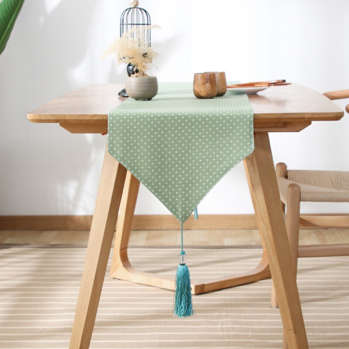 Khăn trải bàn table runner vải bố - Chấm bi xanh lá mạ - mẫu C04