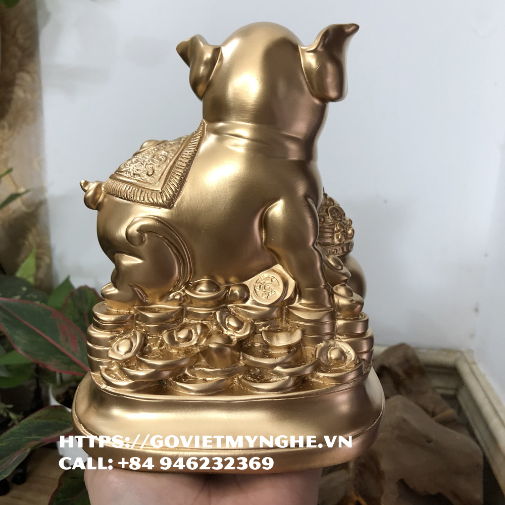 [Tượng heo phong thủy] Tượng đá con heo trang trí tượng heo phong thủy phòng làm việc - Cao 18cm - Màu nhũ đồng