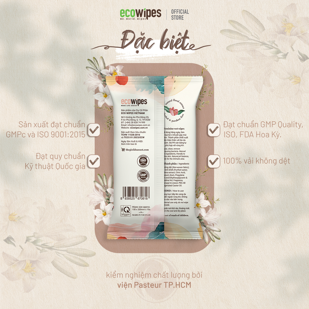 Combo 03 gói khăn giấy ướt phụ khoa Ecowipes gói 10 tờ vệ sinh cho phụ nữ hương Daisy size 15x20cm nhỏ gọn dễ bỏ túi