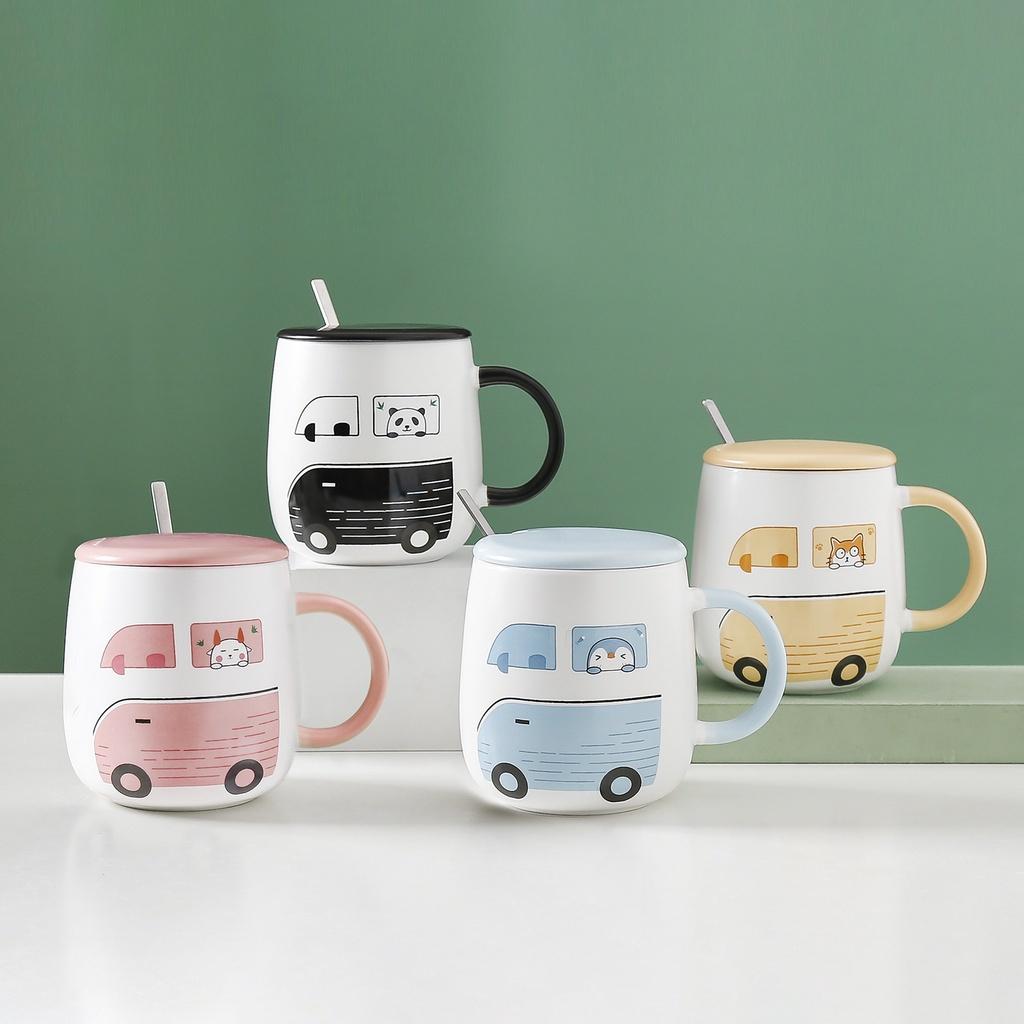 Bộ cốc sứ, Cốc đánh răng, Quà lưu niệm, cute kèm nắp hình mèo và muỗng dễ thương 450ml