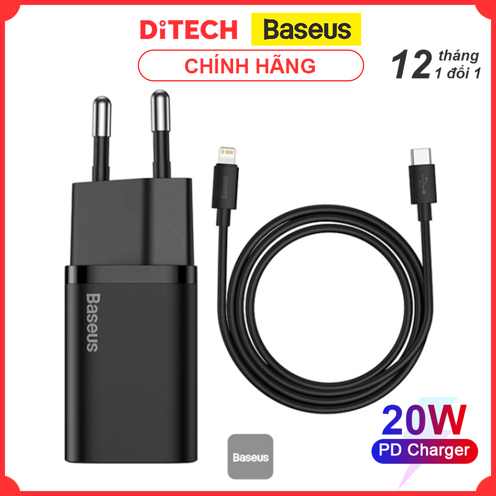 Bộ sạc nhanh Baseus Super Si Quick Charger 1C 20W  kèm cáp Type-C to IP - Màu đen - Hàng chính hãng