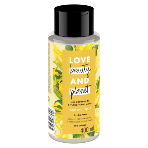 Dầu gội LOVE BEAUTY &amp; PLANET Phục hồi hư tổn Ngăn chẻ ngọn 100% dầu dừa organic và hương hoa ngọc lan tây 400ml