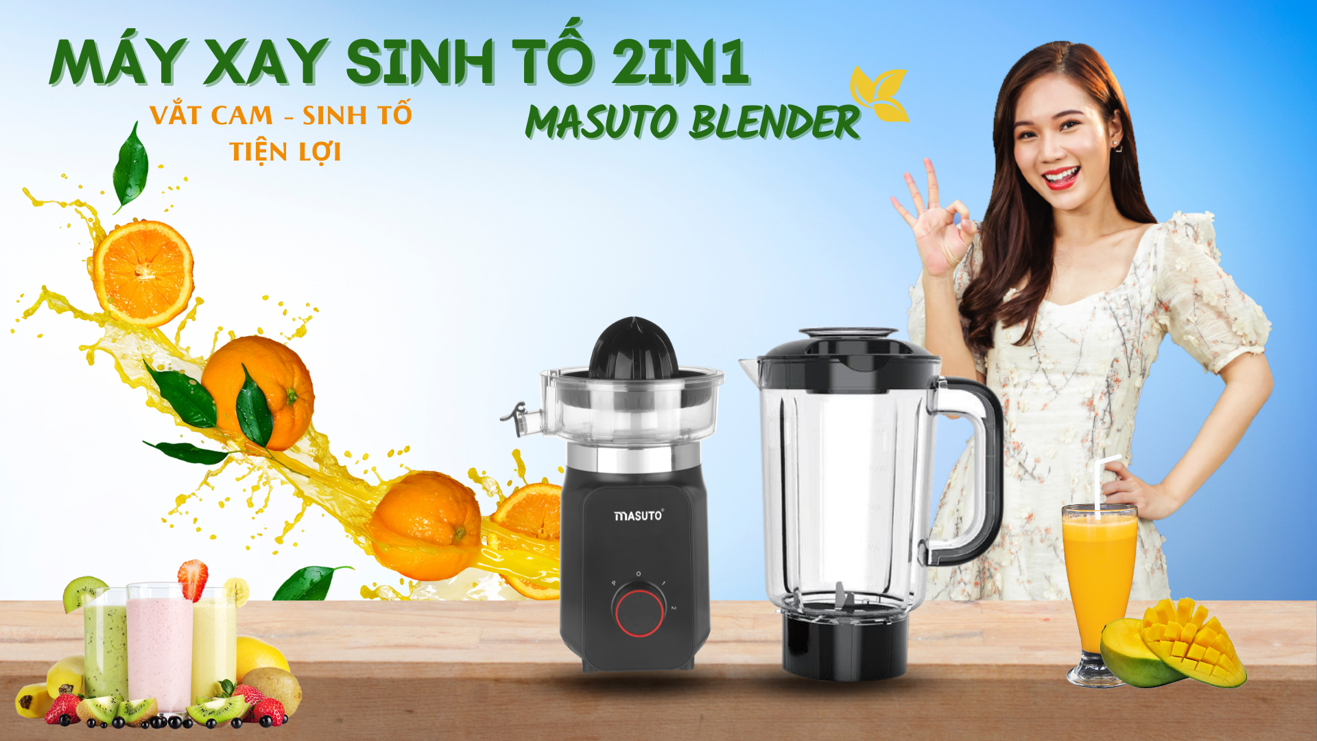 Máy xay sinh tố vắt cam đa năng Masuto Blender cối 1,25L say đá viên hoa quả smoothie siêu nhuyễn mịn-HÀNG CHÍNH HÃNG