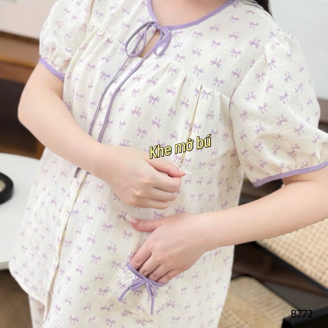 Bộ Sooc Đũi Nơ Tím Cho Mẹ Bầu. Chất đũi siêu nhẹ, mềm, thấm hút mồ hôi