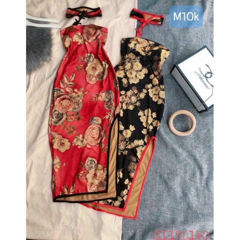 Đầm body cổ tàu sẻ tà viền đính nút có mút ngực cực sexy sang chảnh