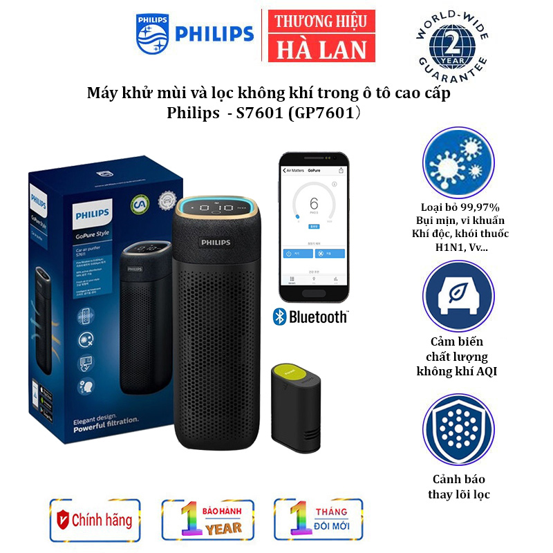 Máy khử mùi và lọc không khí trong ô tô Philips S7601 ( GP7601 ) Kết nối điện thoại thông qua ứng dụng AirMatters và cảm biến chất lượng không khí 3 màu - HÀNG NHẬP KHẨU