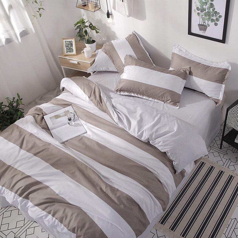 BỘ CHĂN GA GỐI POLY COTTON MÀU TRẮNG SỌC NÂU