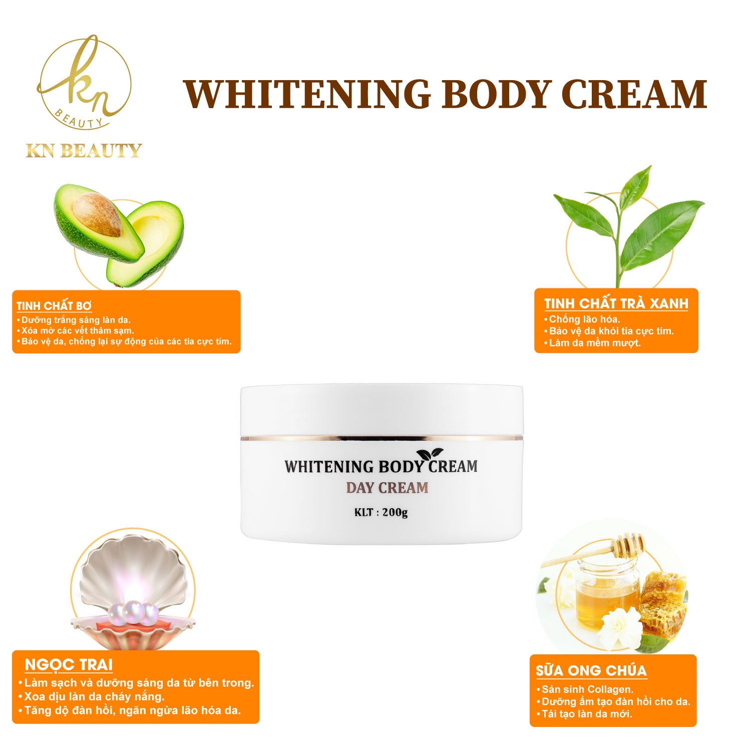 Kem dưỡng trắng da toàn thân ban ngày,dưỡng da trắng,chống nắng KN Beauty Whitening Body Cream 150gr - PHỤNG BEAUTY