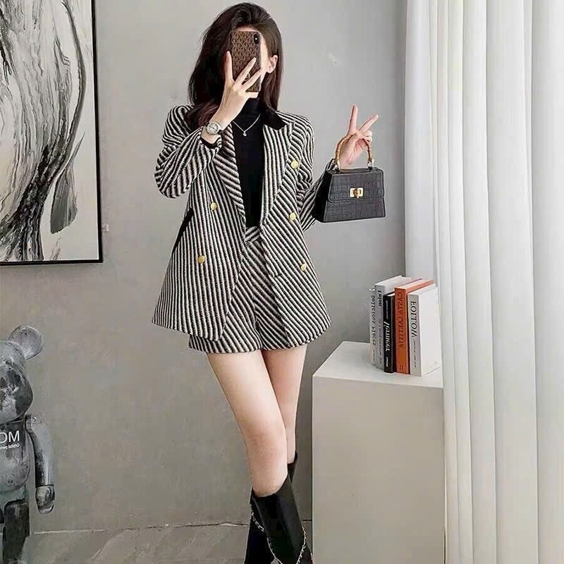 Set bộ vest chất dạ tweed kẻ sọc phối nút