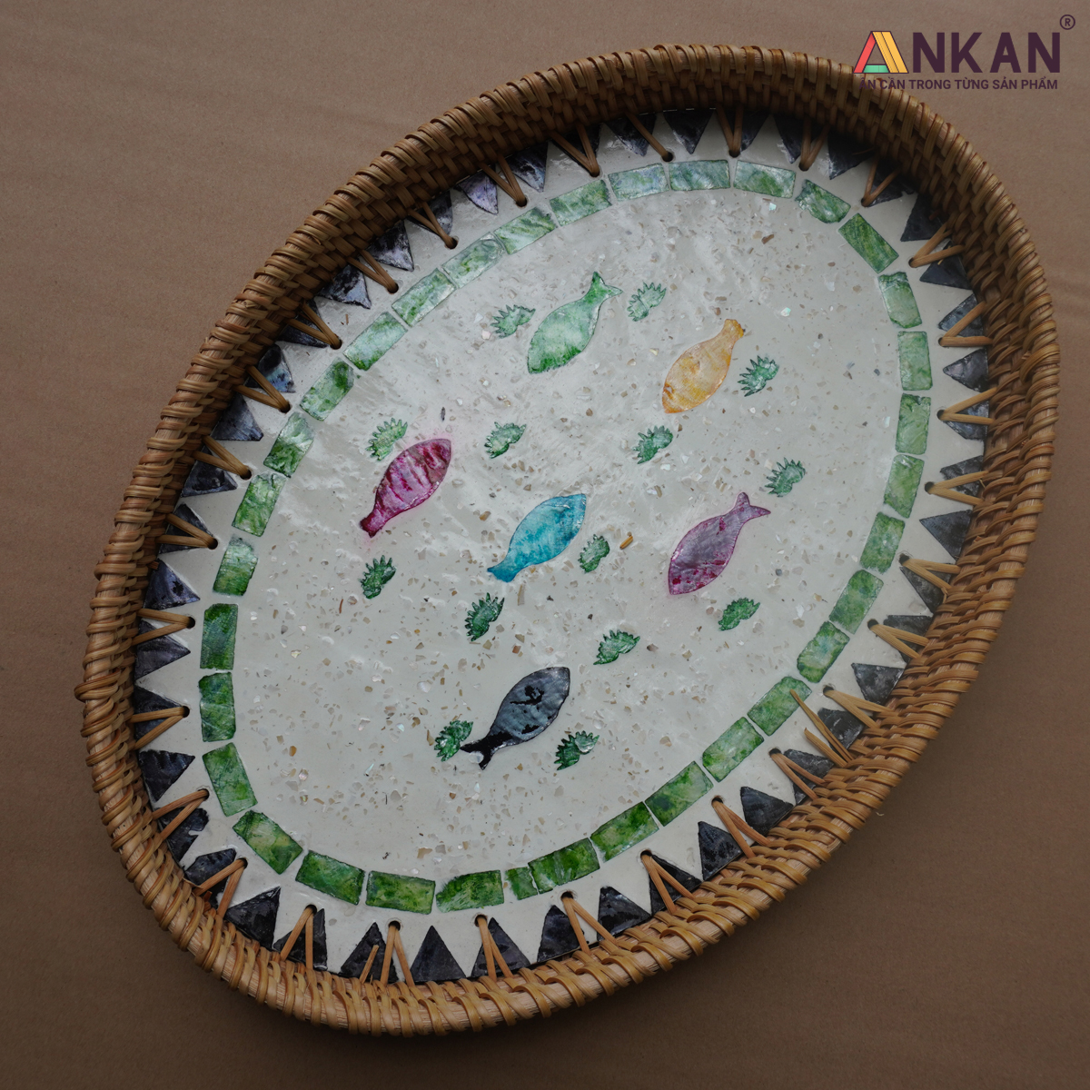 Khay Mây Khảm Trai Hình Bầu Dục Đựng Bánh Kẹo, Trái Cây, Khay Trang Trí Decor Nhà Cửa, Sản Phẩm Thủ Công Từ Mây Tự Nhiên