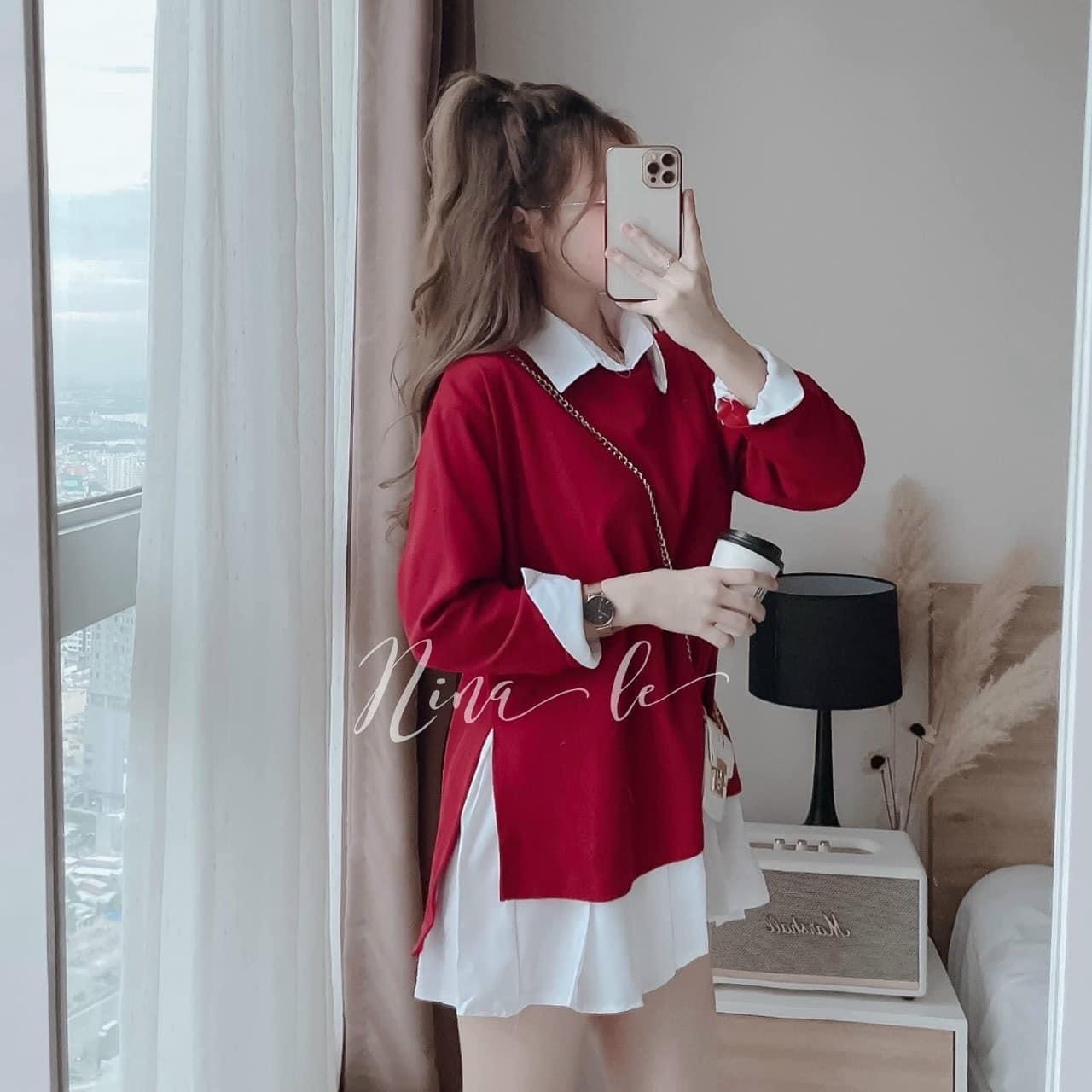 SET ĐẦM SƠ MI SUÔNG TRƠN VÁY XẾP LY NHẸ + ÁO THUN ĐỎ TRƠN TAY DÀI DẠO PHỐ DỰ TIỆC GIÁNG SINH NOEL