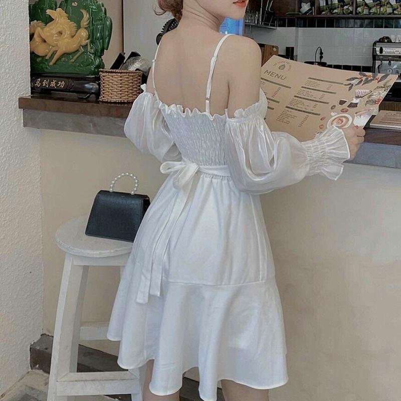 Đầm Rớt Vai Tay Kiếng Váy Cup Ngực Tay Dài Siêu Xinhh