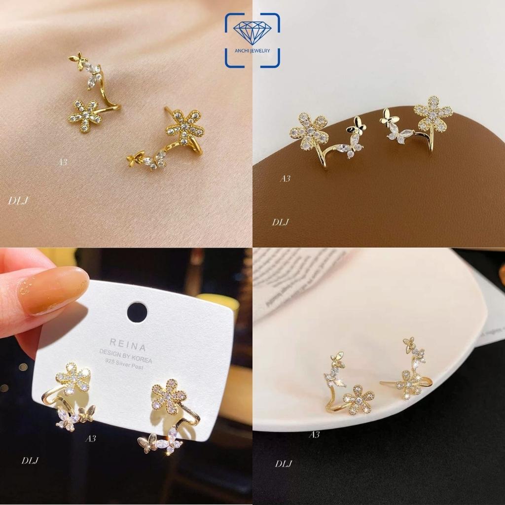 Bông tai ôm vành hình hoa và cánh bướm bạc xi vàng đính đá trẻ trung, Anchi jewelry