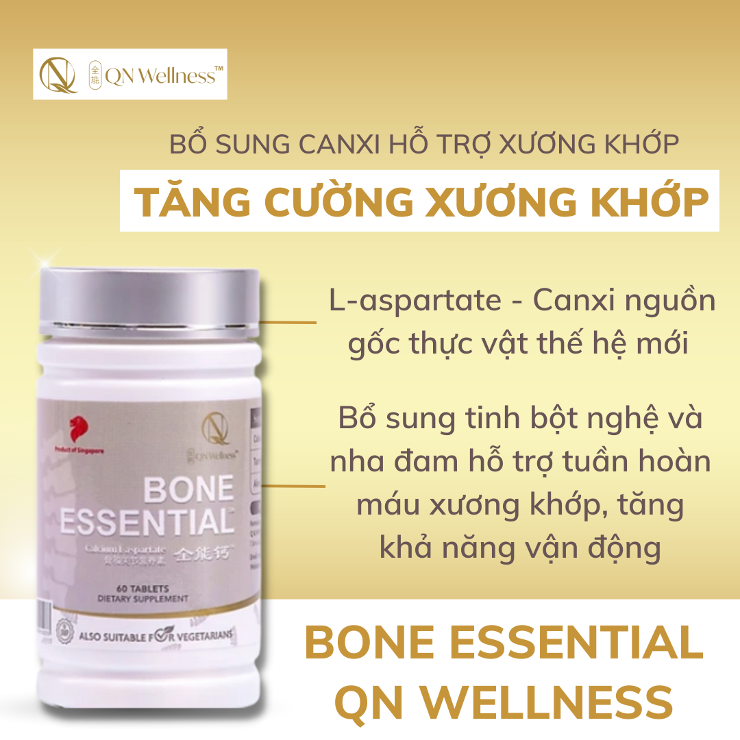 Viên Uống Bổ Sung Canxi Bone Esstential QN Wellness Thuần Chay Chiết Xuất Từ Nghệ & Nha Đam, Giúp Hỗ Trợ Tuần Hoàn Máu, Củng Cố Xương Khớp - Hộp 60 Viên