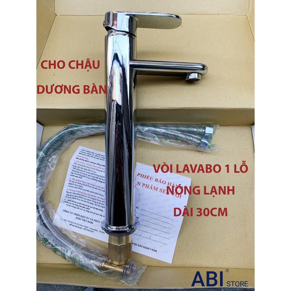 Vòi lavabo cao 30cm 1 lỗ nóng lạnh hàng hãng VN cho chậu dương bàn, Vòi rửa mặt thân đồng mạ crome cao cấp b.h 3 năm