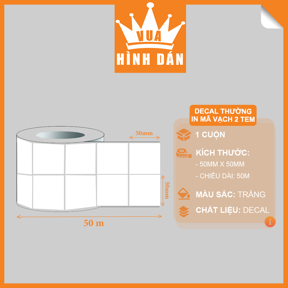 [Giao hàng toàn quốc] Decal Thường 50x50mm In Mã Vạch, In Tem (2 Tem) Cuộn 50m, Khổ Giấy: 100mm