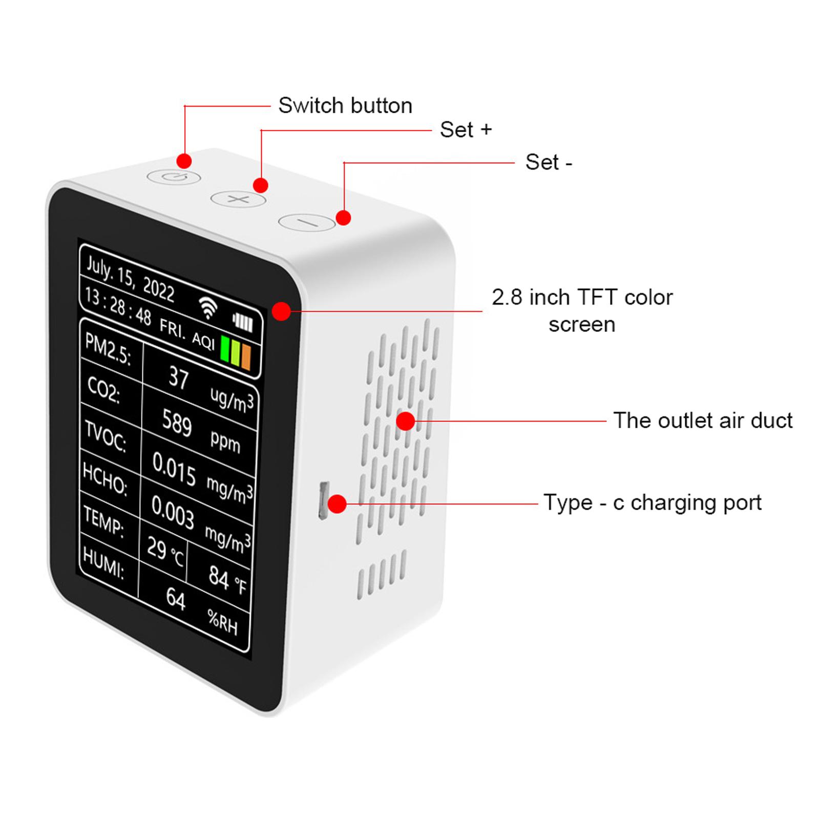 Tuya WiFi Intelligent Air Quality Detector PM2.5 CO2 TVOC HCHO Temperature Humidity AQI 7 In 1 Detector Time Date Week Display Mobilephone APP Remotes Viewing Home Indoor Desktop Air Quality Monitor