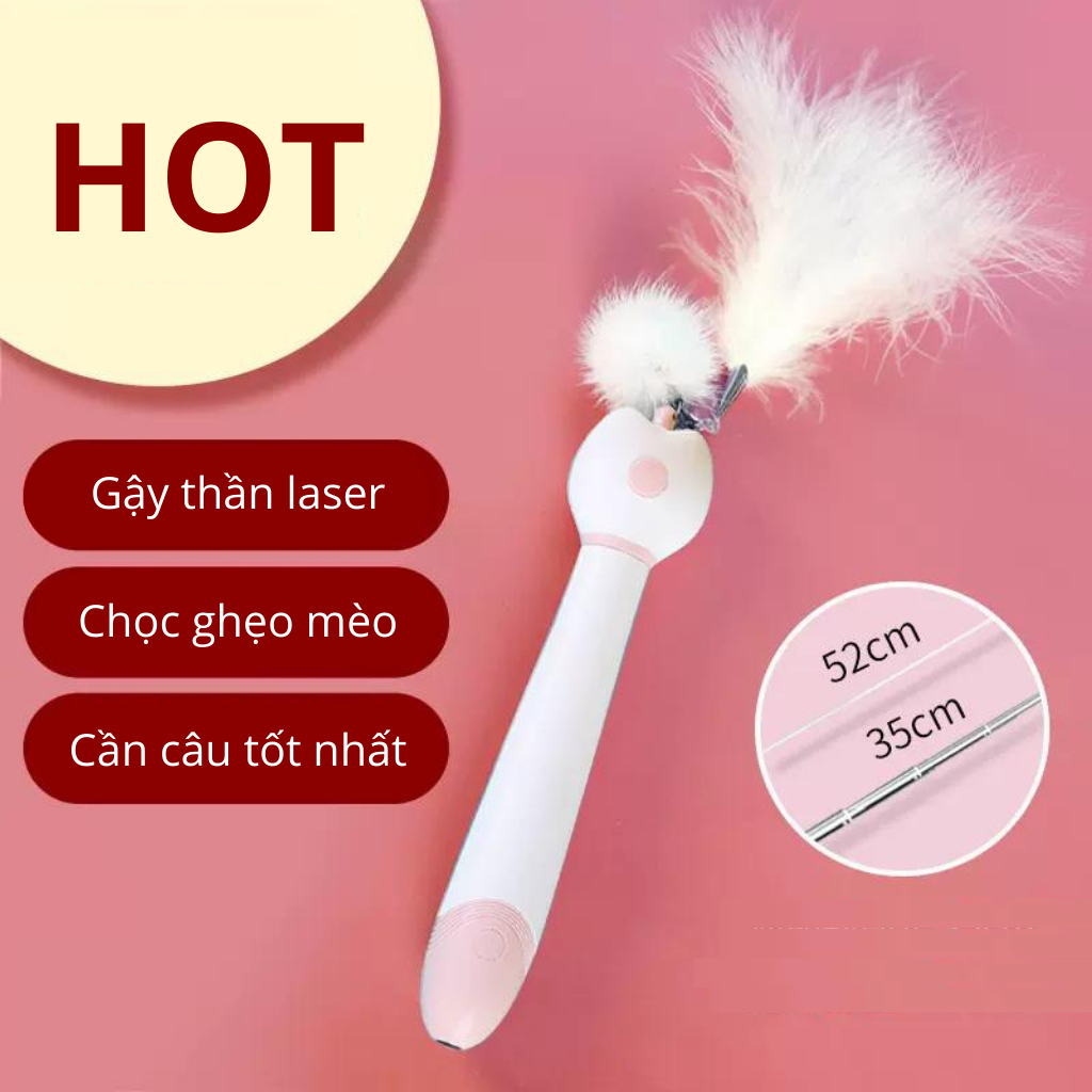 Đồ chơi cho mèo AIWO, Đồ chơi cần câu lông vũ kèm đèn laser 2 trong 1 cho mèo, Cần câu mèo, Đèn laser trêu mèo vui nhộn