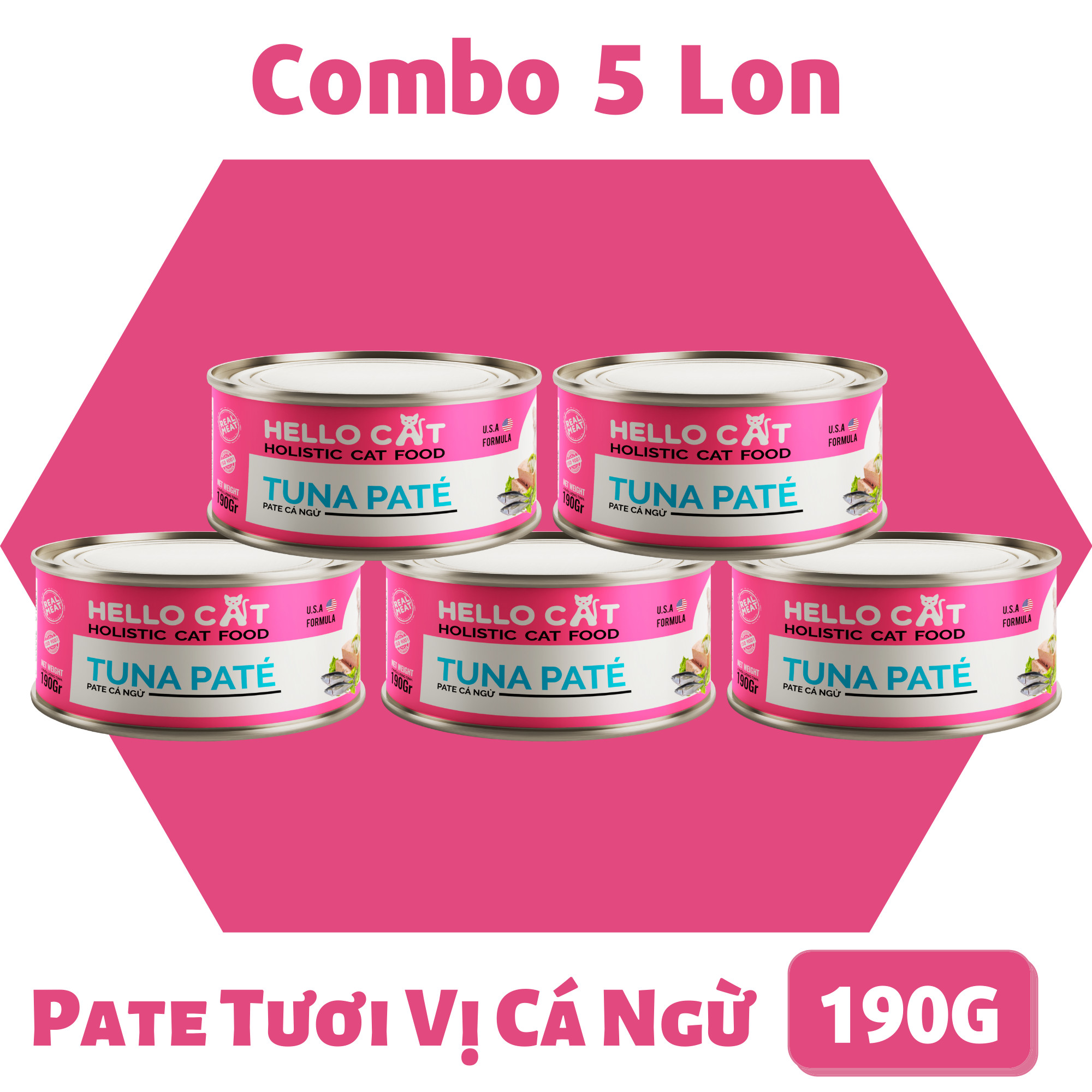 (Combo 5 Lon) Pate Tươi Dành Cho Tất Cả Các Giống Mèo Ở Mọi Độ Tuổi Hương Vị Cá Ngừ Thơm Ngon Bắt Vị - Hello Cat Tuna Pate 190G