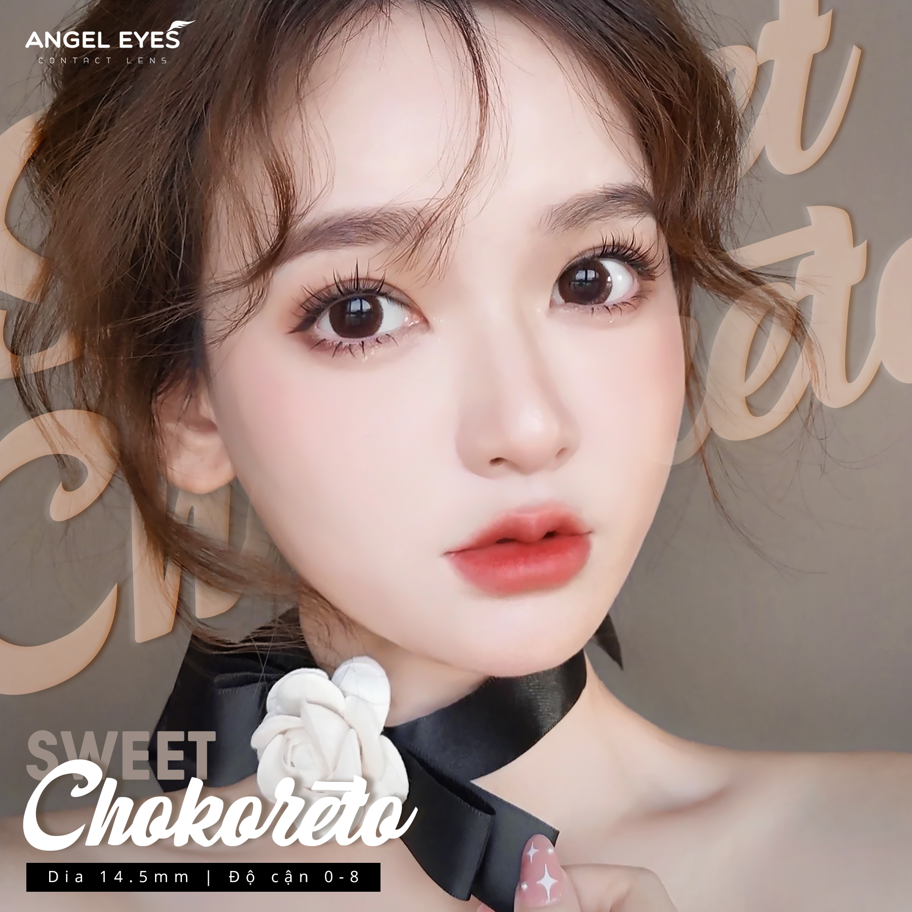 Kính giãn tròng màu Choco hiệu Angel Eyes  Chokoreto có độ - Chất liệu Silicone Hydrogel độ giãn 14.5