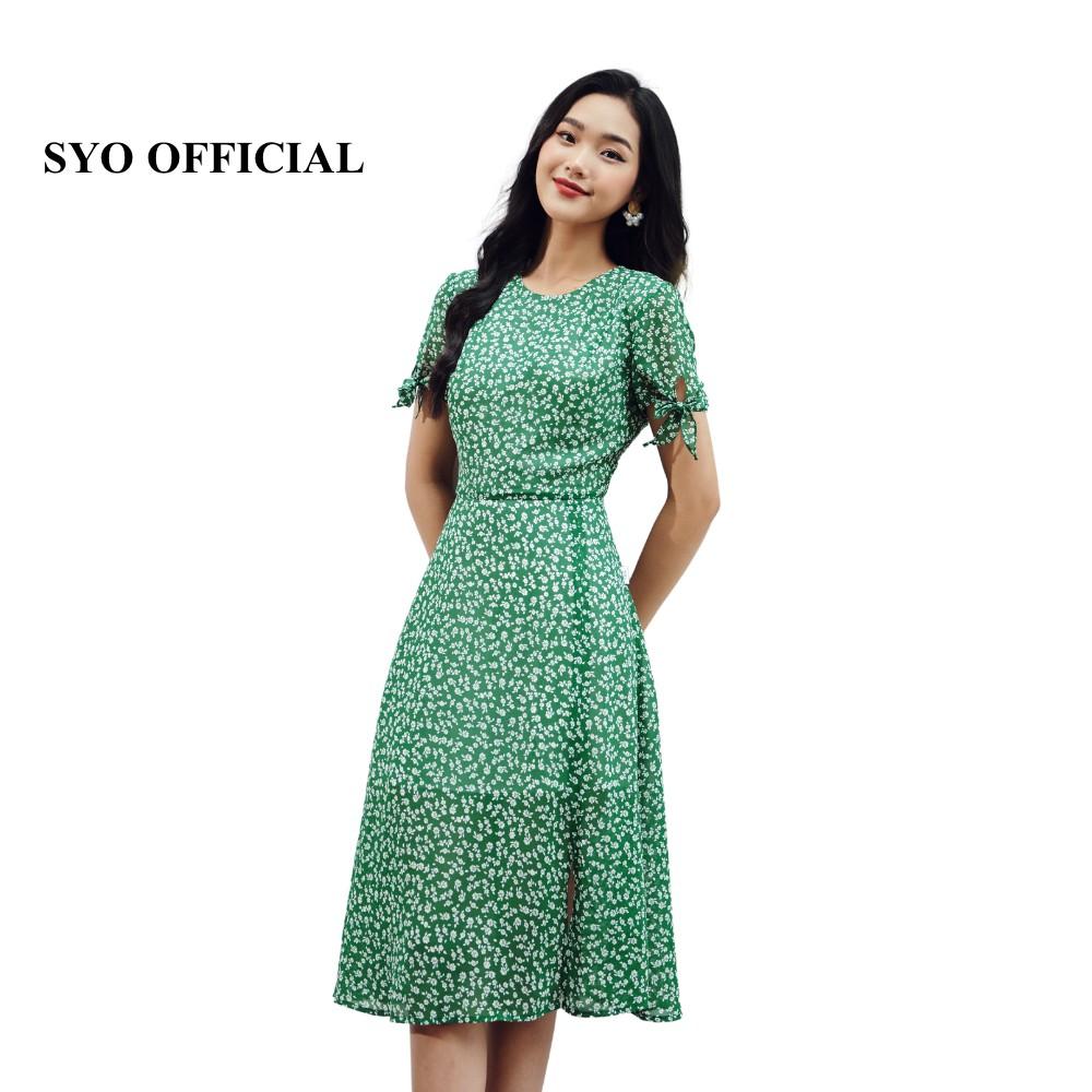 Đầm midi hoa nền xanh, tay buộc nơ SYO D3009-21
