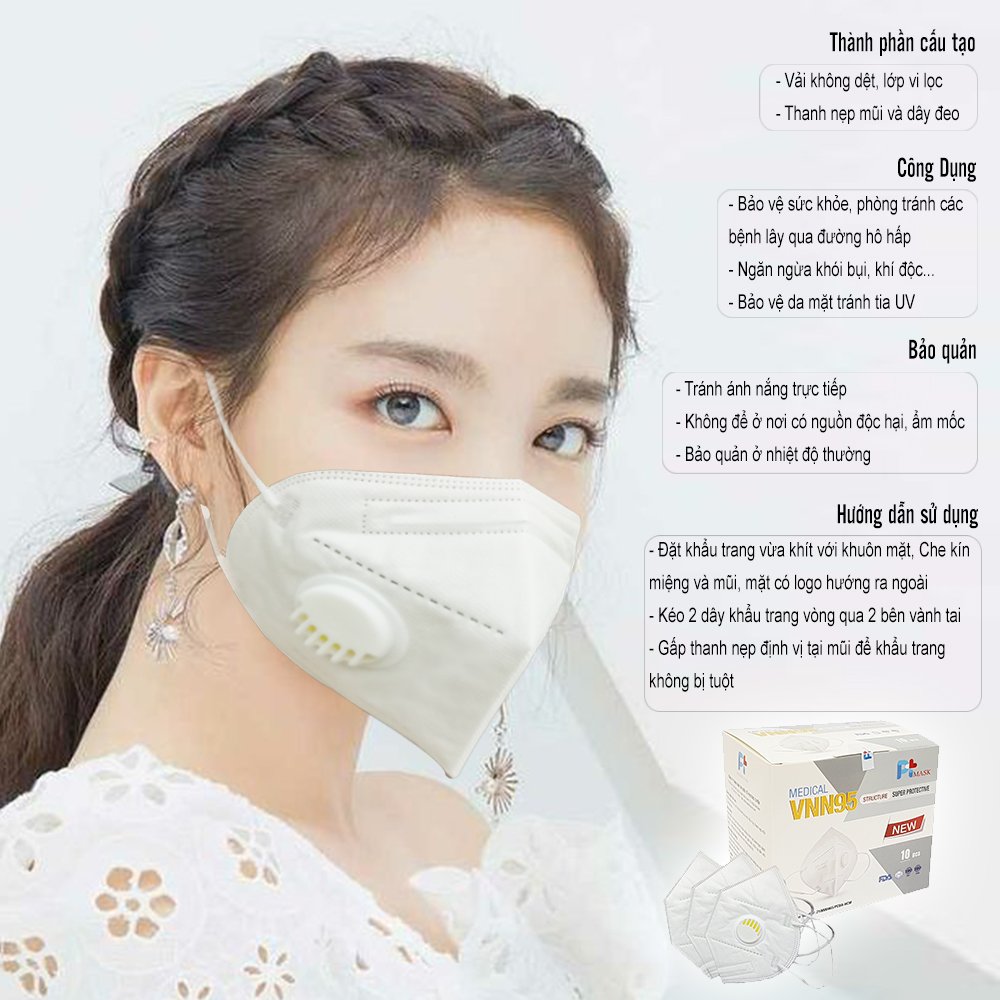 Hộp 10 Cái Khẩu Trang VNN95 PT Mask, Có Van Thở, kháng Khuẩn, Chống Bụi Siêu Mịn PM2.5, Màu Trắng - Đạt Các Chứng Chỉ ISO 13485, ISO 9001, CE, FDA.