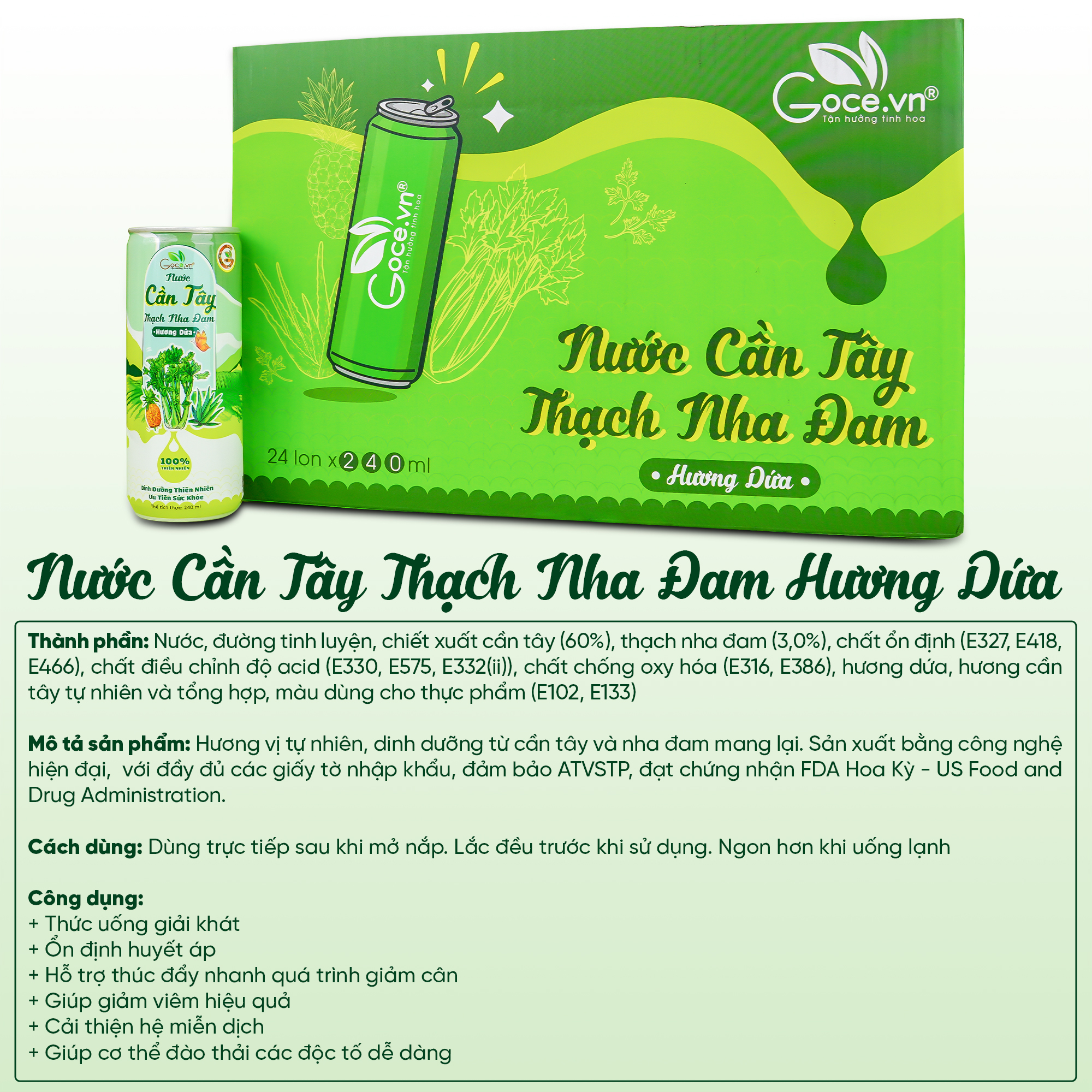 1 Thùng (24 Lon) - Nước cần tây thạch nha đam hương dứa Goce - 240ml