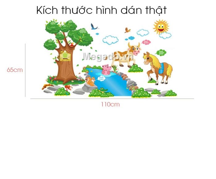 Decal dán tường thước đo hươu vàng và vườn thú cây xanh - HP370