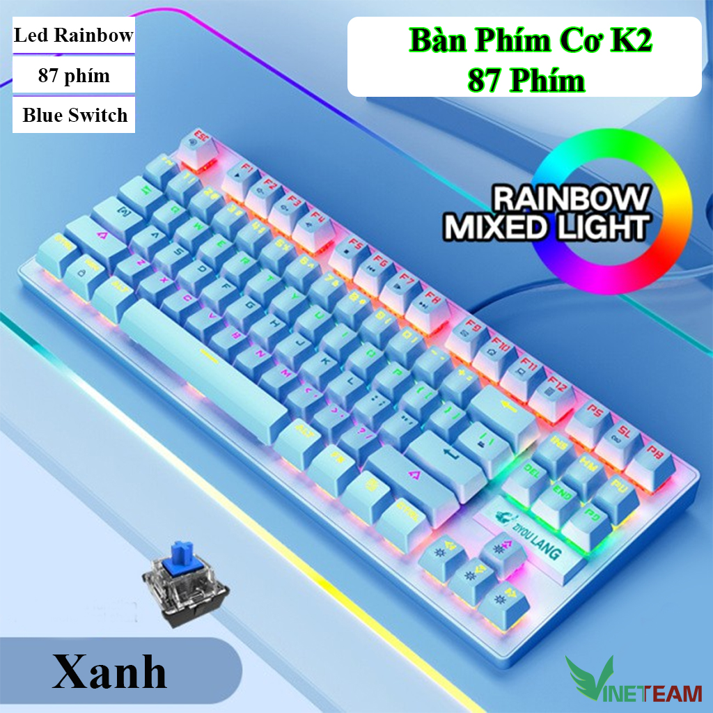 Bàn Phím Cơ Chuyên Game VINETTEAM K2 Led RGB Siêu Đẹp 10 Chế Độ Màu Cực Ngầu Blue Switch 87 Phím Chơi Game Dùng Văn Phòng Cực Đã- Hàng Chính Hãng