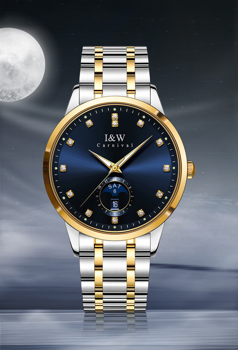 Đồng hồ nam chính hãng I&amp;W Carnival 625G-T2 hàng mới fullbox,kính sapphire,chống xước,chống nước 50m,Bh 24 tháng,máy cơ (automatic),mạ vàng dây thép không gỉ