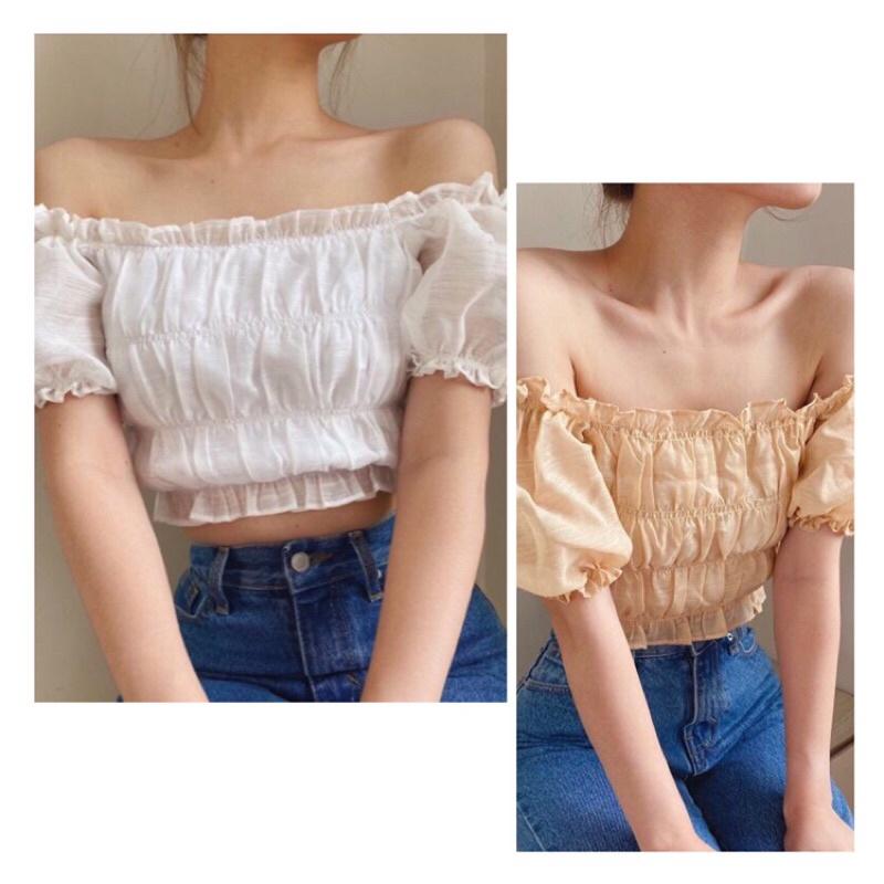 Áo croptop ánh kim trễ vai tay phồng có 2 màu freesize mặc được 2 kiểu