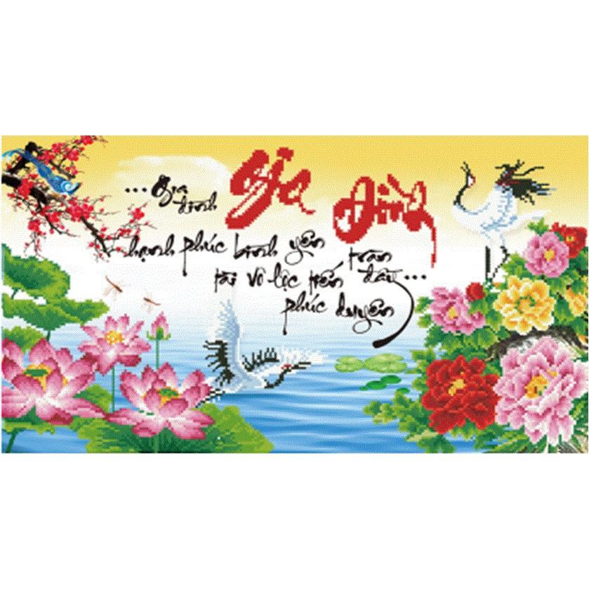 Tranh thêu gia đình hạc hoa sen LV3279 - kích thước: 63 * 37cm.