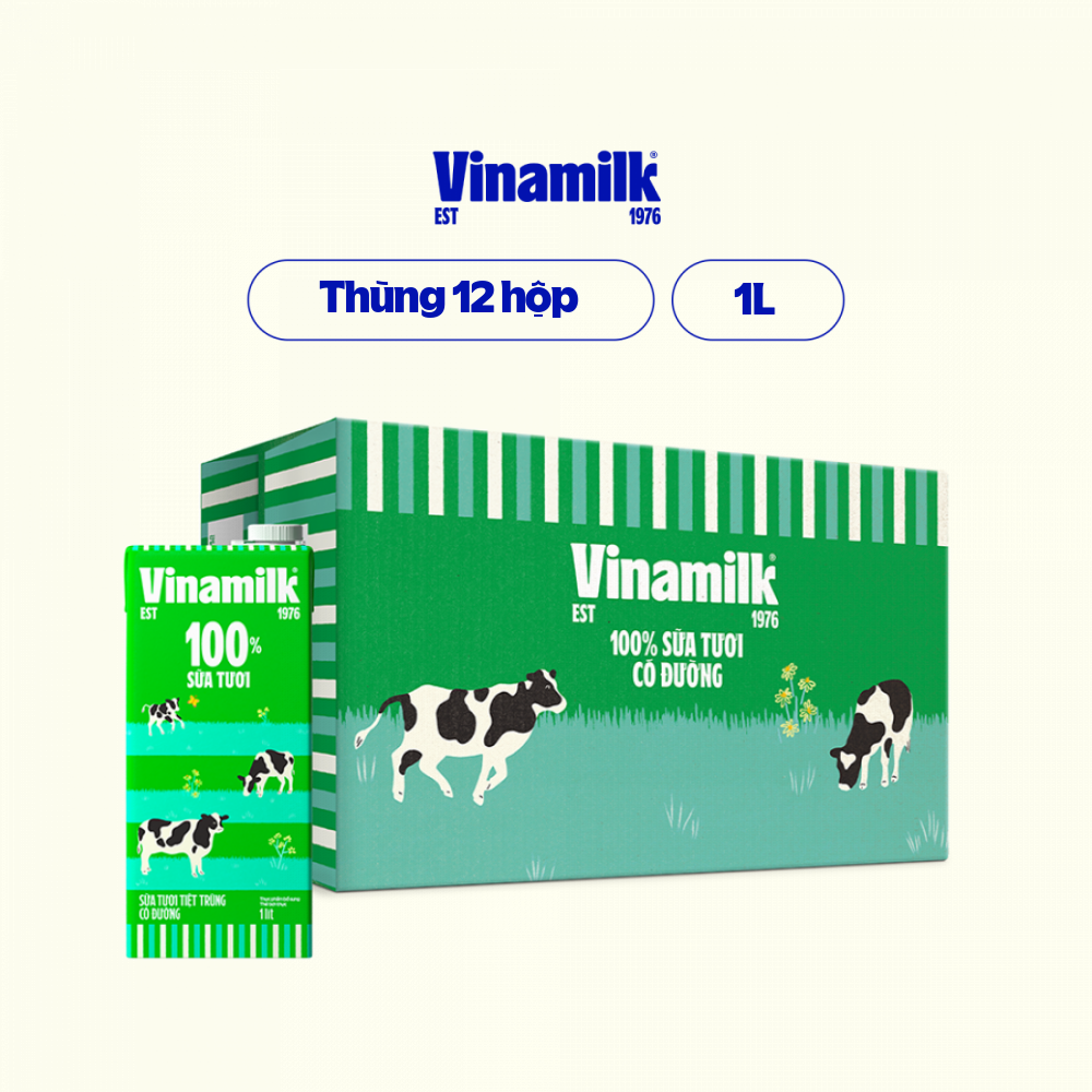 Thùng 12 Hộp Sữa Tươi Tiệt Trùng Vinamilk 100% Có Đường (1L)