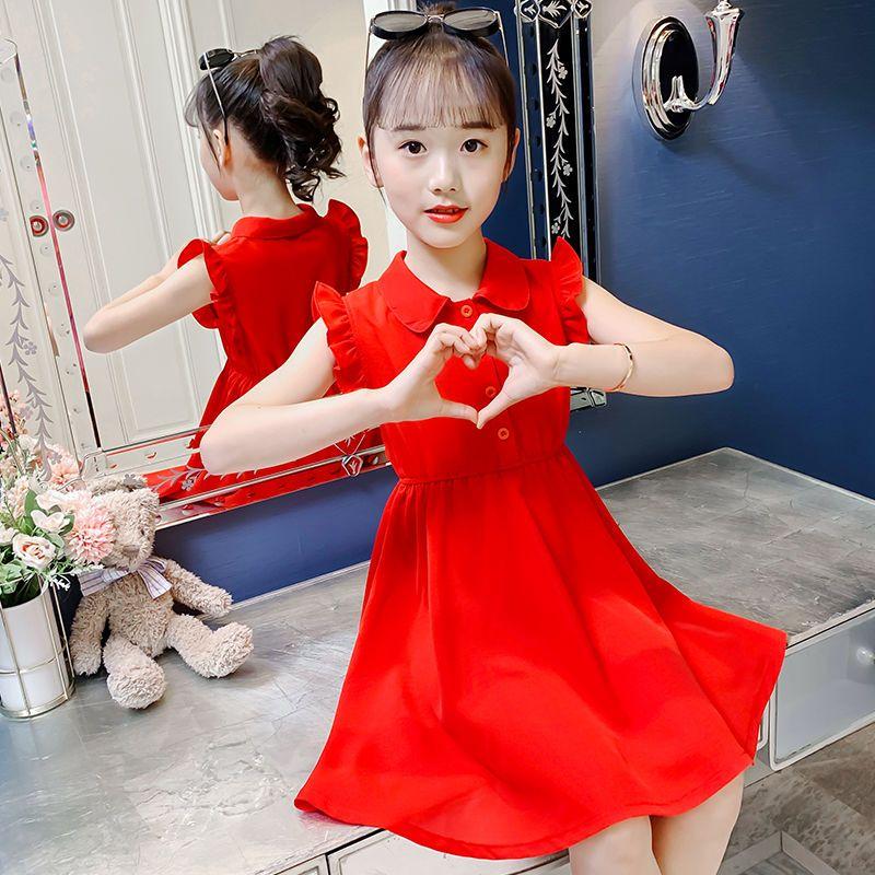 CHENGRUI Cô gái ăn mặc mùa hè 2023 váy công chúa phong cách tây cho trẻ em phiên bản Hàn Quốc Mid-Big Boy không tay màu ẩm váy