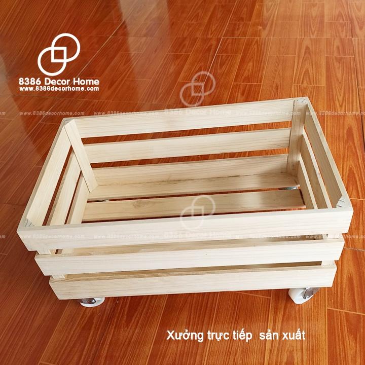 Thùng Pallet gỗ hộp đựng đồ đa năng có bánh xe đẩy kéo, trang trí homestay, Kệ decor gỗ thông đa năng gỗ thông