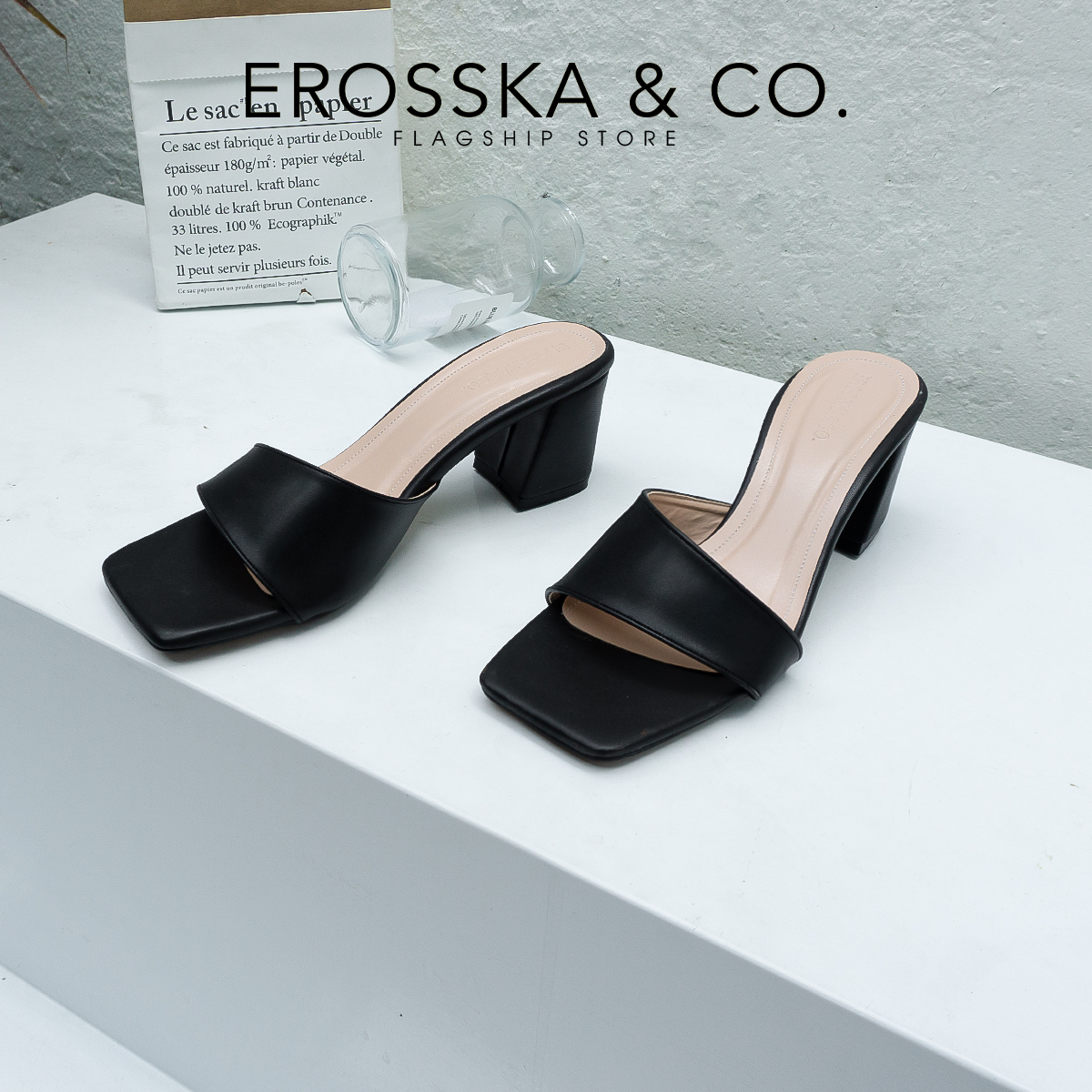 Erosska - Dép cao gót mũi vuông kiểu dáng Hàn Quốc cao 7cm EM084