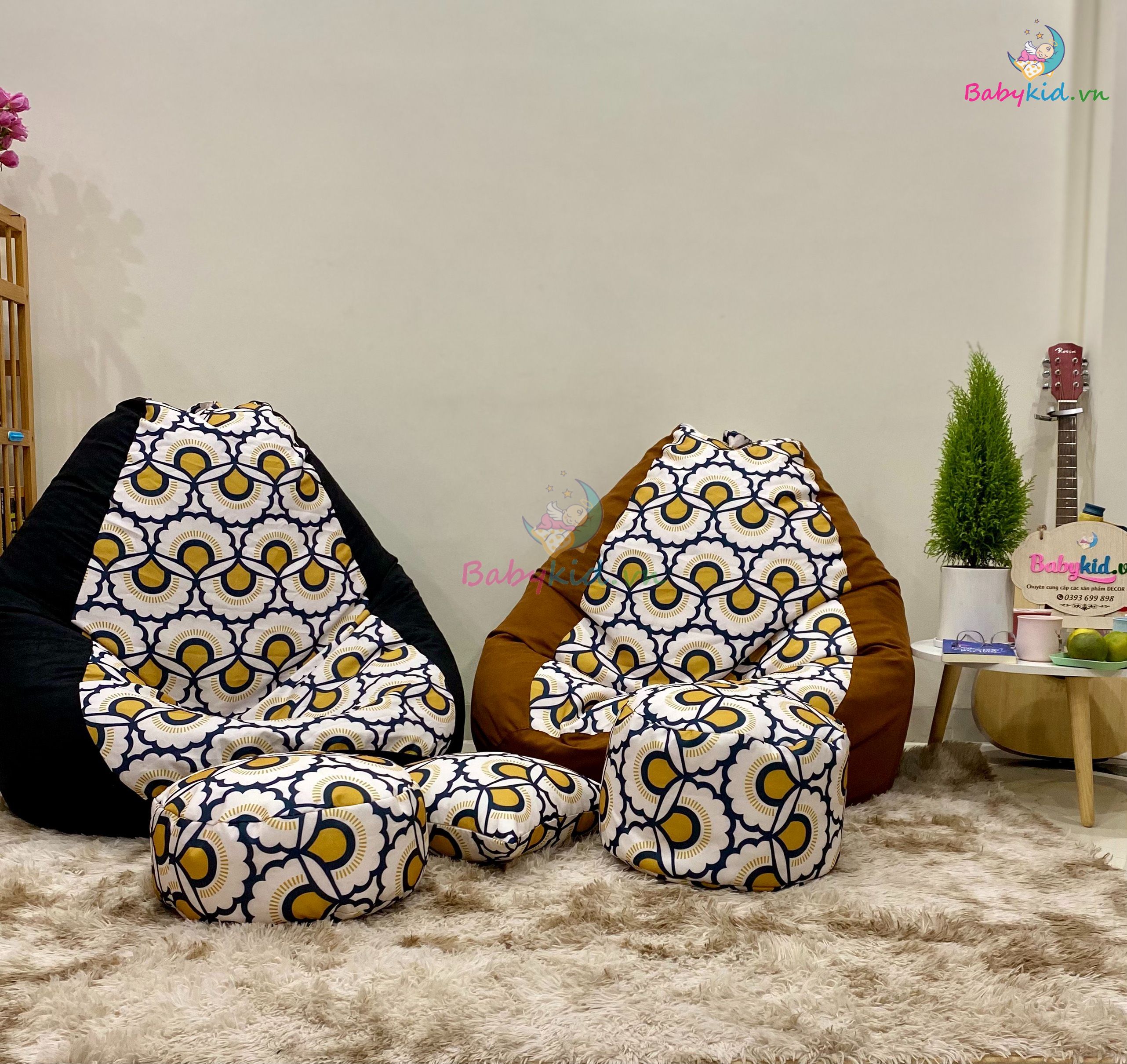 Ghế xốp dáng lê size L 90x120cm THÔ HÀN mát hoạ tiết hình quạt mix cam DA LỘN - CÓ SẴN XỐP