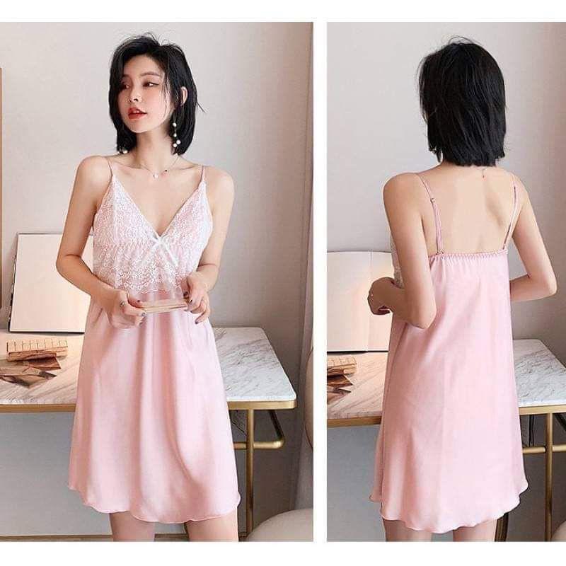Váy ngủ,đầm ngủ lụa 2 dây phối ren cực xinh xắn kèm chip ren xinh xắn
