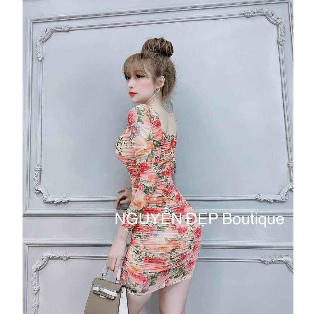 Đầm body nhún cổ vuông họa tiết hoa kèm mút