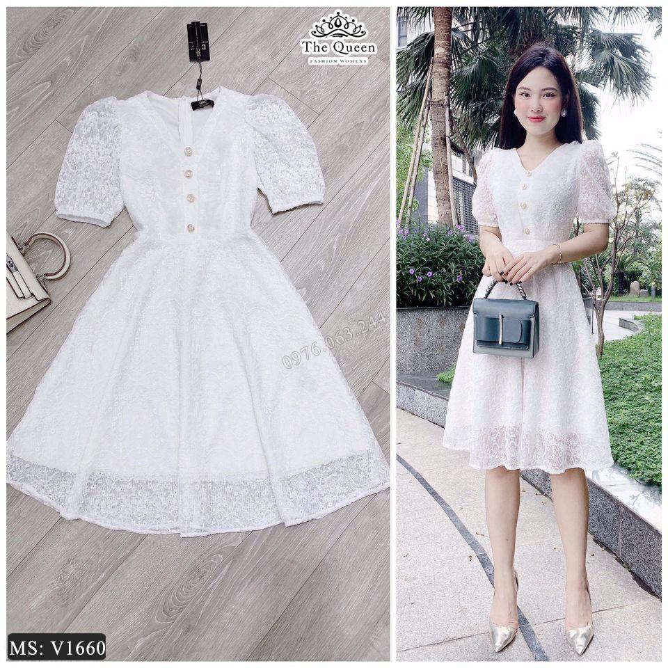 Váy ren dáng xòe cổ V tay ngắn V1660 màu trắng - The Queen Fashion