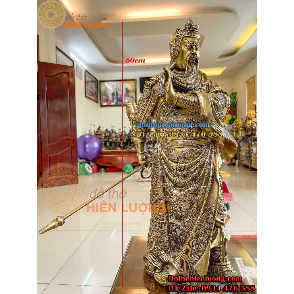 Tượng Quan Vân Trường Dáng Dứng Vuốt Râu Cầm Đao Bằng ĐồngVàng Cao 60cm - Tượng Quan Công